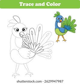Handwriting Practice. Tracing lines and coloring pou bird for children. Vector Illustration