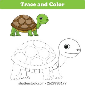 Práctica de escritura. Trazando líneas y coloreando tortugas para niños. Ilustración vectorial
