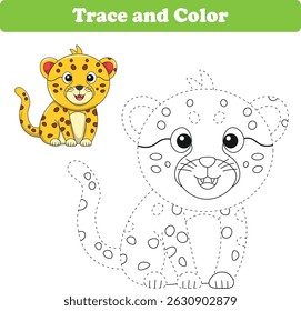 Handwriting Practice. Tracing lines and coloring cheetah for children. Vector Illustration