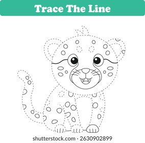 Handwriting Practice. Tracing lines and coloring cheetah for children. Vector Illustration