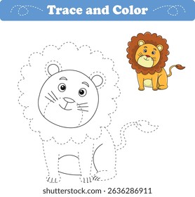 Prática de Manuscrito. Linhas de traçado e leão colorido para crianças. Ilustração de vetor