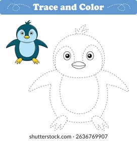 Handwriting Practice. Tracing lines and coloring penguin for children. Vector Illustration