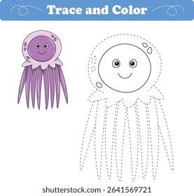 Handwriting Practice. Tracing lines and coloring jellyfish for children. Vector Illustration