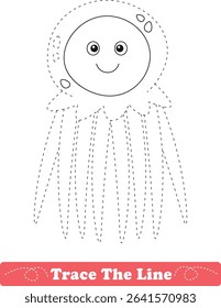 Handwriting Practice. Tracing lines and coloring jellyfish for children. Vector Illustration