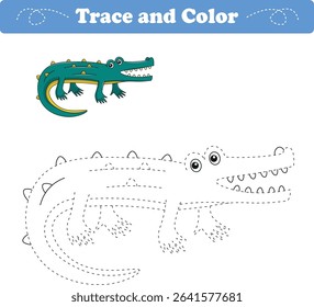 Handwriting Practice. Tracing lines and coloring crocodile for children. Vector Illustration