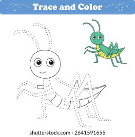 Handwriting Practice. Tracing lines and coloring grasshopper for children. Vector Illustration