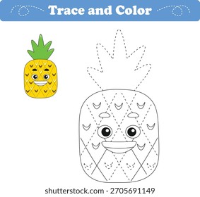 Práctica de escritura. Trazando líneas y coloreando frutas para niños. Ilustración vectorial