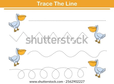 Handwriting Practice. Tracing lines and coloring pelicans for children. Vector Illustration