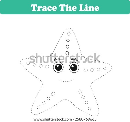 Handwriting Practice. Tracing lines and coloring starfish for children. Vector Illustration