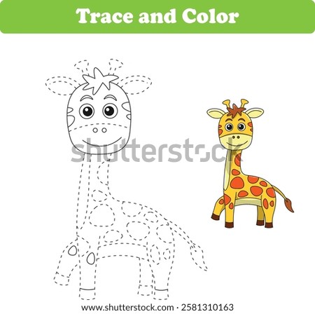 Handwriting Practice. Tracing lines and coloring giraffes for children. Vector Illustration