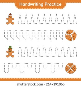 Handwriting practice. Tracing lines of Cookies and Gingerbread Man. Educational children game, printable worksheet, vector illustration