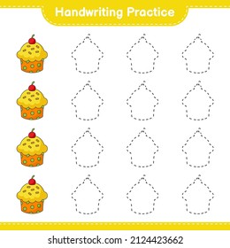 Handschriftübungen. Rennstrecken des Cup Cake. Kinderspiel, druckbares Arbeitsblatt, Vektorgrafik