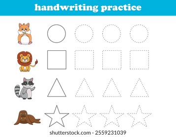 Handwriting Practice. Tracing lines of different shape for kids with animals. Vector Illustration