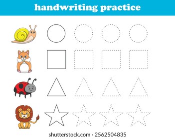 Handwriting Practice. Tracing lines of different shape for kids with animals. Vector Illustration