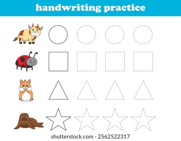 Handwriting Practice. Tracing lines of different shape for kids with animals. Vector Illustration