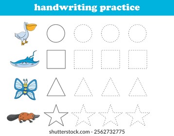 Handwriting Practice. Tracing lines of different shape for kids with animals. Vector Illustration