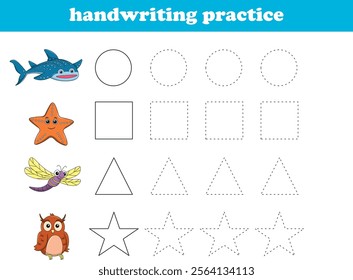 Handwriting Practice. Tracing lines of different shape for kids with animals. Vector Illustration