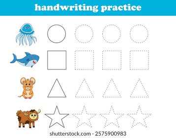 Handwriting Practice. Tracing lines of different shape for kids with animals. Vector Illustration