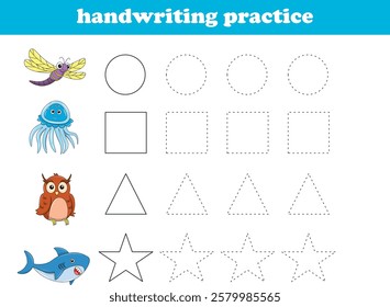 Handwriting Practice. Tracing lines of different shape for kids with animals. Vector Illustration