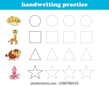 Handwriting Practice. Tracing lines of different shape for kids with animals. Vector Illustration