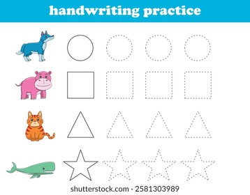 Handwriting Practice. Tracing lines of different shape for kids with animals. Vector Illustration