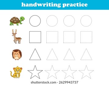 Handwriting Practice. Tracing lines of different shape for kids with animals. Vector Illustration