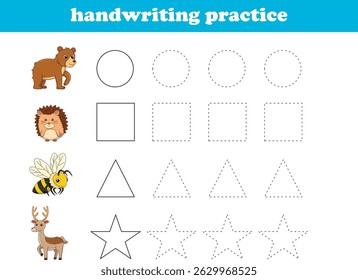 Handwriting Practice. Tracing lines of different shape for kids with animals. Vector Illustration