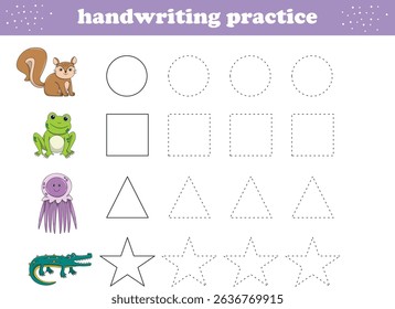 Handwriting Practice. Tracing lines of different shape for kids with animals. Vector Illustration