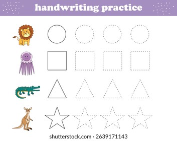 Handwriting Practice. Tracing lines of different shape for kids with animals. Vector Illustration