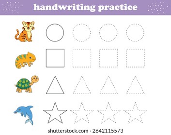 Handwriting Practice. Tracing lines of different shape for kids with animals. Vector Illustration