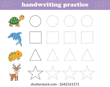 Handwriting Practice. Tracing lines of different shape for kids with animals. Vector Illustration
