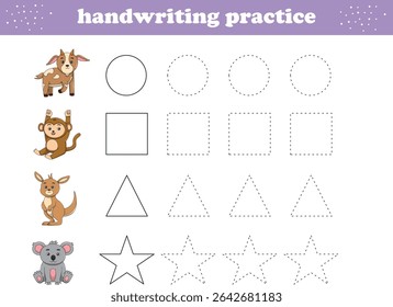 Handwriting Practice. Tracing lines of different shape for kids with animals. Vector Illustration
