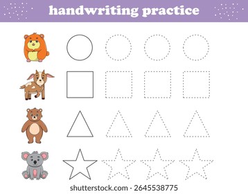 Handschriftenpraxis. Verfolgen von Linien unterschiedlicher Form für Kinder mit Tieren. Vektorgrafik