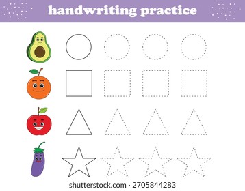 Handwriting Practice. Tracing lines of different shape for kids with fruits. Vector Illustration