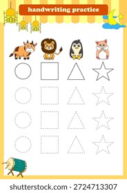 Handschriftenpraxis. Verfolgen von Linien unterschiedlicher Form für Kinder mit Tieren. Vektorgrafik