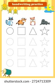 Práctica de escritura. Líneas de trazado de diferentes formas para niños con animales. Ilustración vectorial
