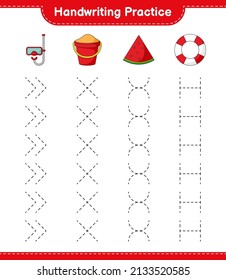 Handwriting practice. Tracing lines of Diving Mask, Sand Bucket, Watermelon, and Lifebuoy. Educational children game, printable worksheet, vector illustration