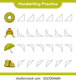 Handwriting practice. Tracing lines of Donut, Slippers, Umbrella, and Hat. Educational children game, printable worksheet, vector illustration