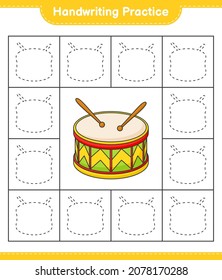 Handwriting practice. Tracing lines of Drum. Educational children game, printable worksheet, vector illustration