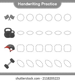 Handwriting practice. Tracing lines of Dumbbell, Racing Flags, and Bicycle Helmet. Educational children game, printable worksheet, vector illustration