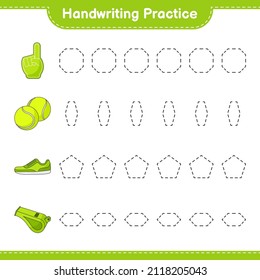 Handwriting practice. Tracing lines of Foam Finger, Whistle, Tennis Ball, and Sneaker. Educational children game, printable worksheet, vector illustration