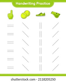 Handschriftübungen. Entdeckungslinien von Foam Finger, Whistle, Tennis Ball und Sneaker. Kinderspiel, druckbares Arbeitsblatt, Vektorgrafik