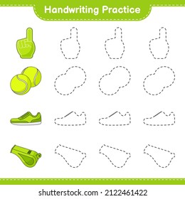 Handwriting practice. Tracing lines of Foam Finger, Whistle, Tennis Ball, and Sneaker. Educational children game, printable worksheet, vector illustration