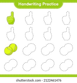 Handschriftübungen. Trainingslinien von Foam Finger und Tennis Ball. Kinderspiel, druckbares Arbeitsblatt, Vektorgrafik