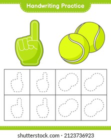 Handwriting practice. Tracing lines of Foam Finger and Tennis Ball. Educational children game, printable worksheet, vector illustration