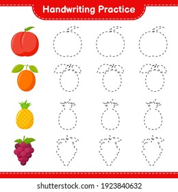 Handwriting practice. Tracing lines of Fruits. Educational children game, printable worksheet, vector illustration