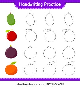 Handwriting practice. Tracing lines of Fruits. Educational children game, printable worksheet, vector illustration