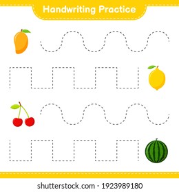 Handwriting practice. Tracing lines of Fruits. Educational children game, printable worksheet, vector illustration