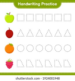 Handwriting practice. Tracing lines of Fruits. Educational children game, printable worksheet, vector illustration