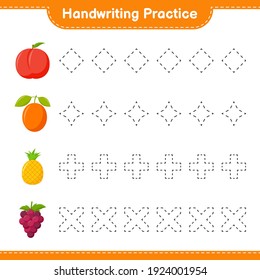 Handwriting practice. Tracing lines of Fruits. Educational children game, printable worksheet, vector illustration